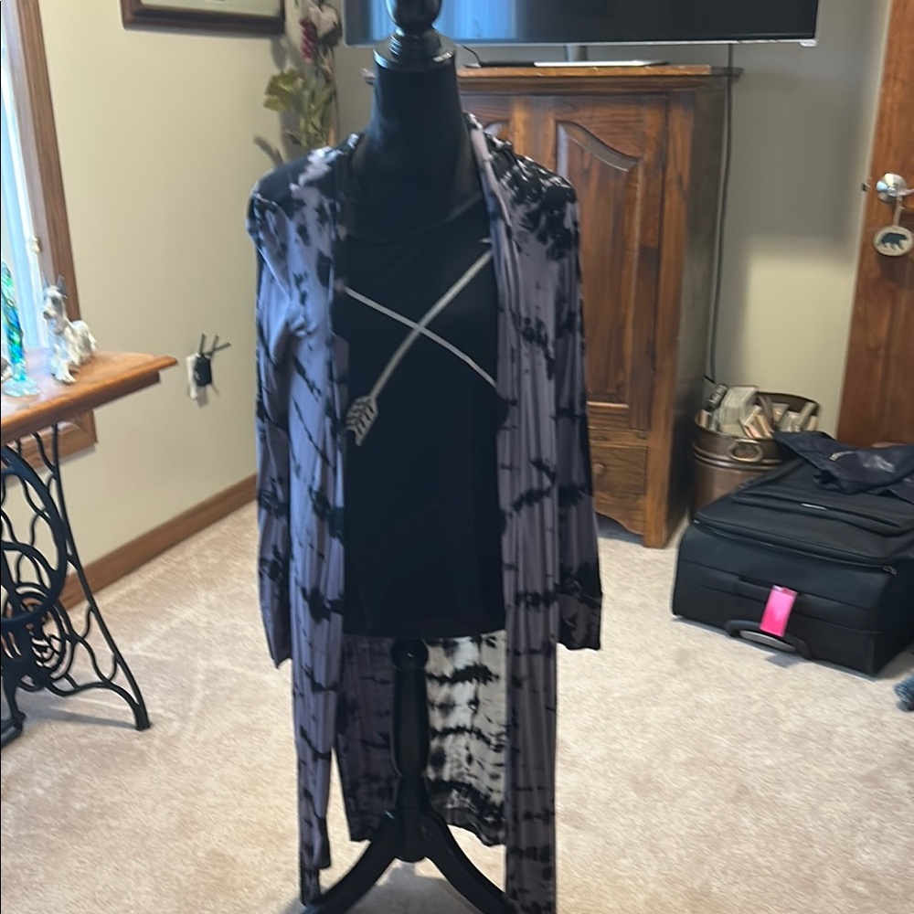 Black and Gray Tie-Dye Long Cardigan 2 piece